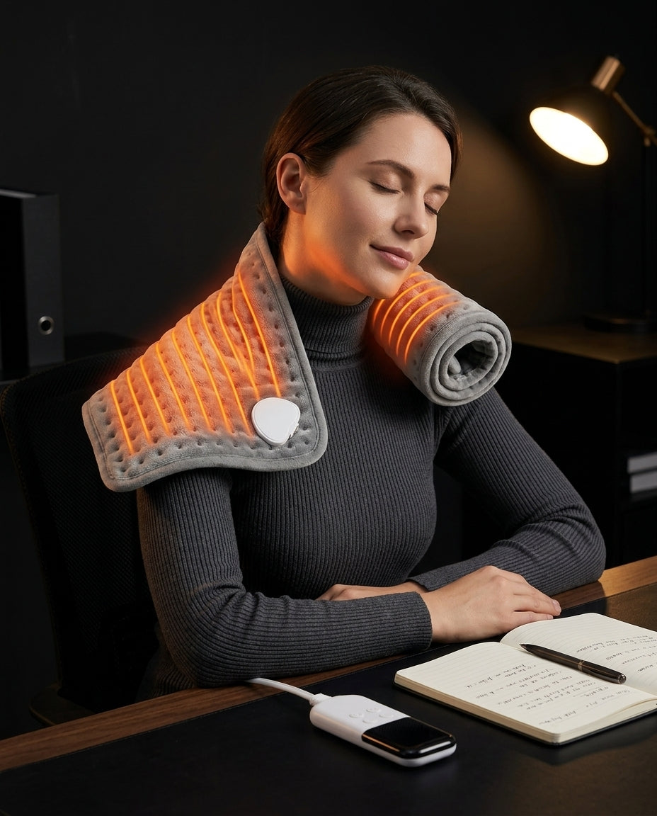 Woman wearing the heating pad over her neck and shoulders at a desk