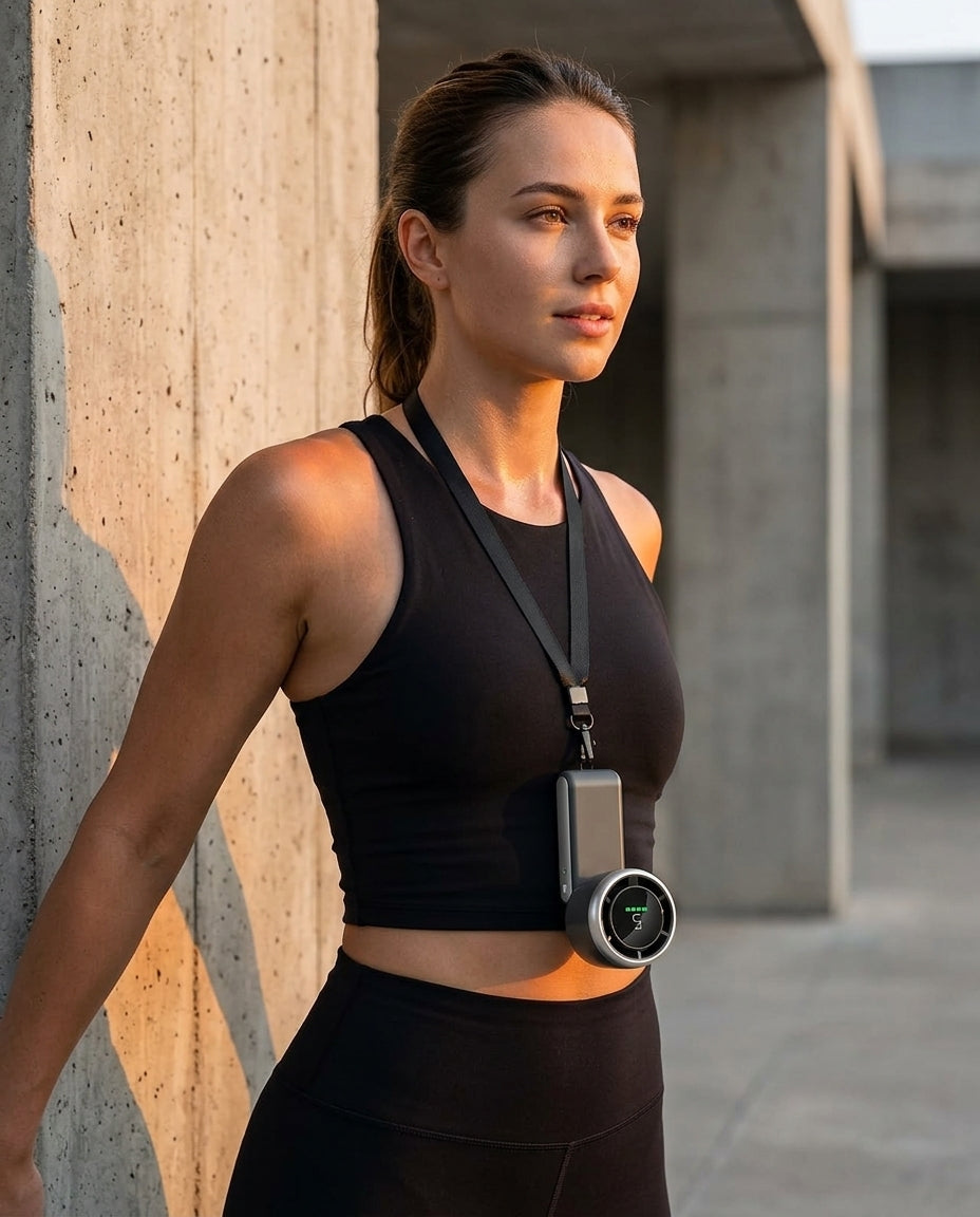Woman in black activewear wearing the cooling fan on a lanyard around her neck