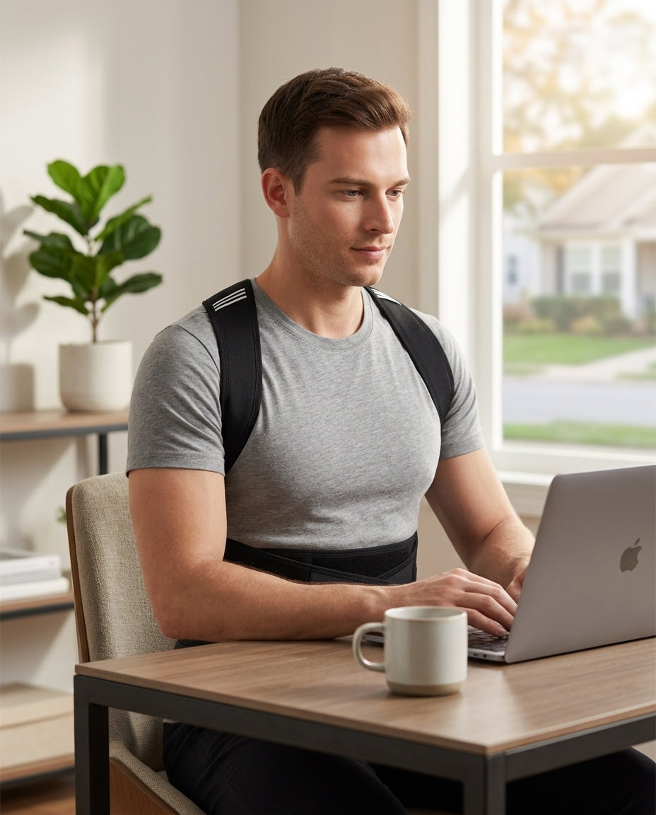 Man working at a desk wearing the posture brace under a grey tee