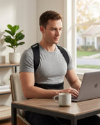 Man working at a desk wearing the posture brace under a grey tee