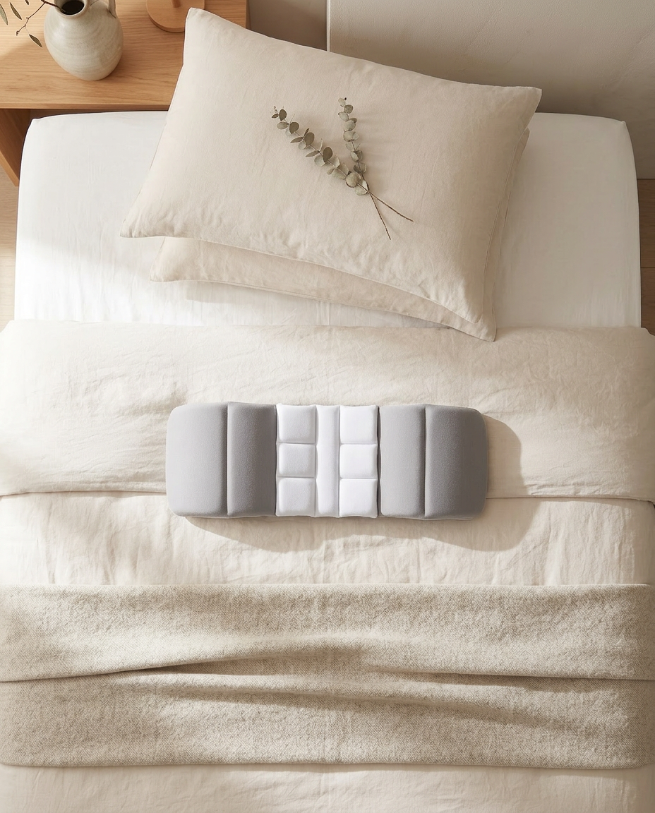 Overhead view of the lumbar support cushion laid across a made bed