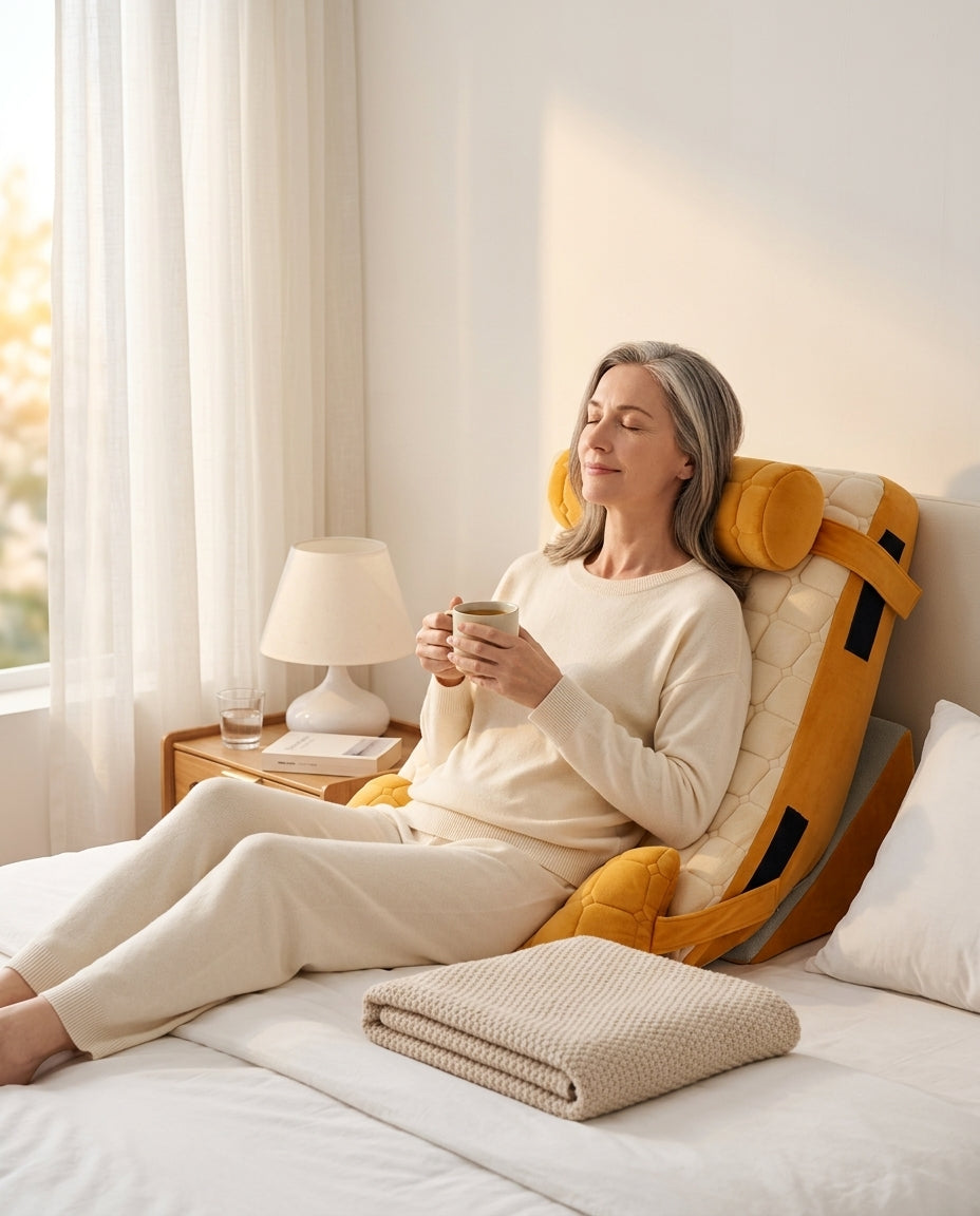 Older woman relaxing with tea resting on yellow wedge recovery pillow