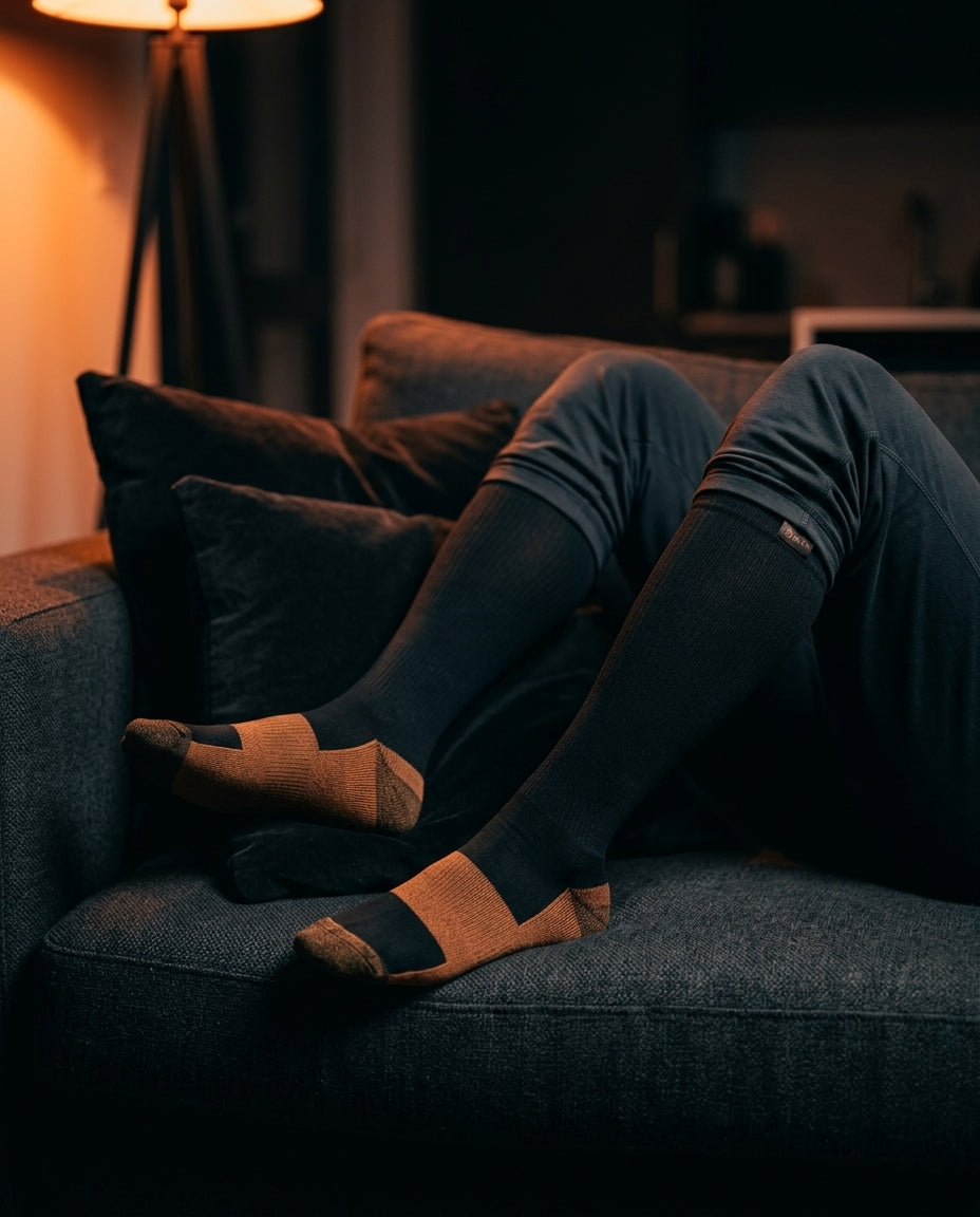 Legs in compression socks resting on a couch in a dim living room