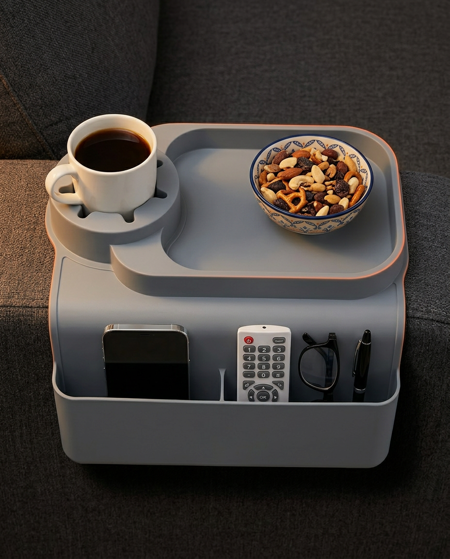 Top-down view of the loaded grey tray with coffee, snacks, phone and remotes