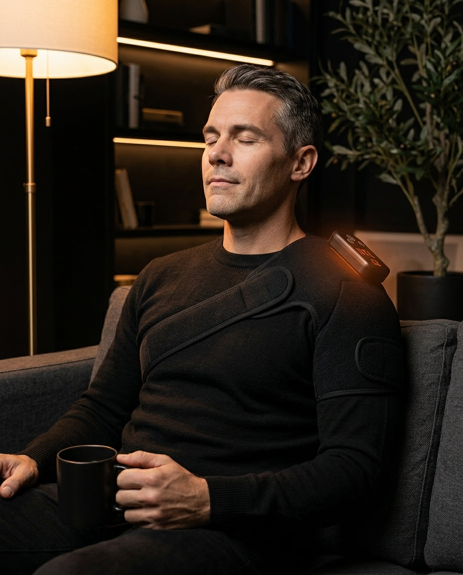 Man on a couch relaxing in the heated shoulder wrap, holding a mug