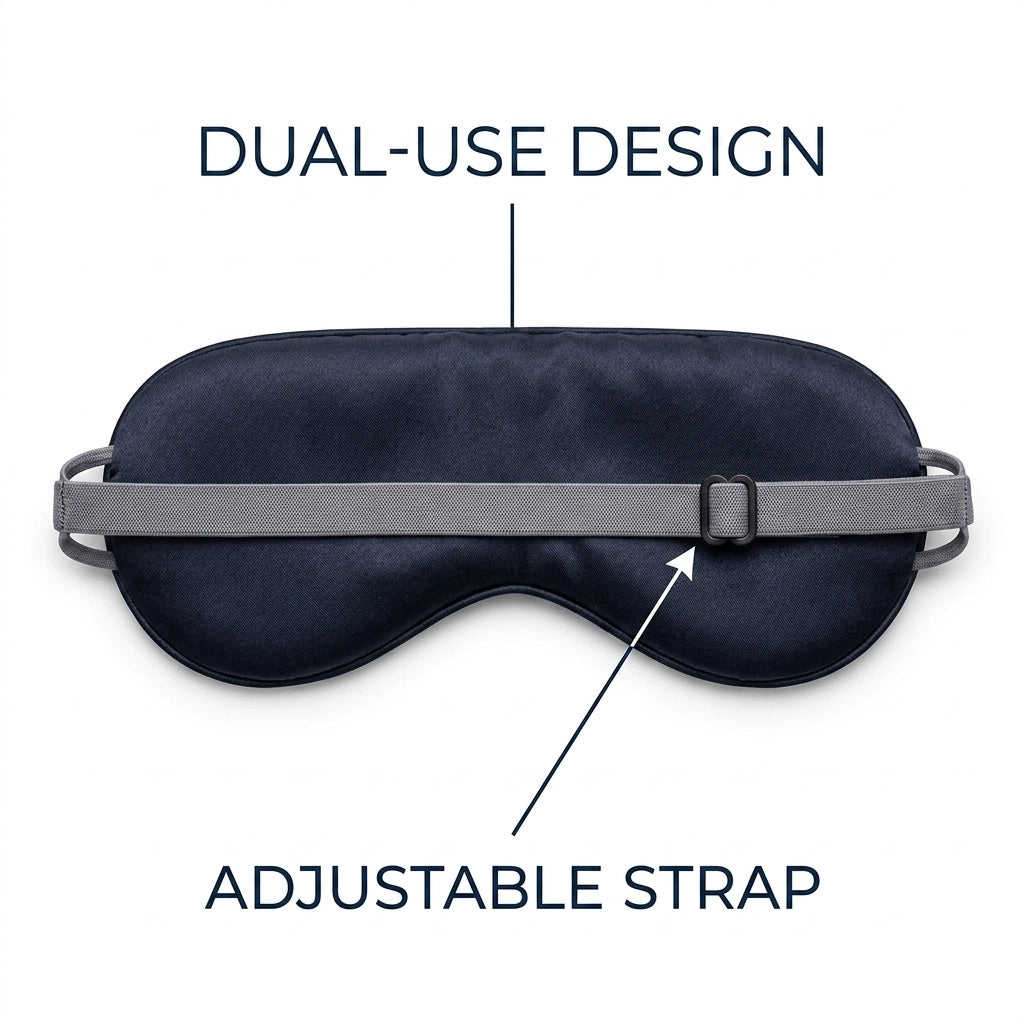 Eye mask infographic highlighting dual-use design and adjustable strap