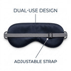 Eye mask infographic highlighting dual-use design and adjustable strap