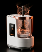Brush cleaner with glowing airflow around a brush, illustrating warm-air drying mode