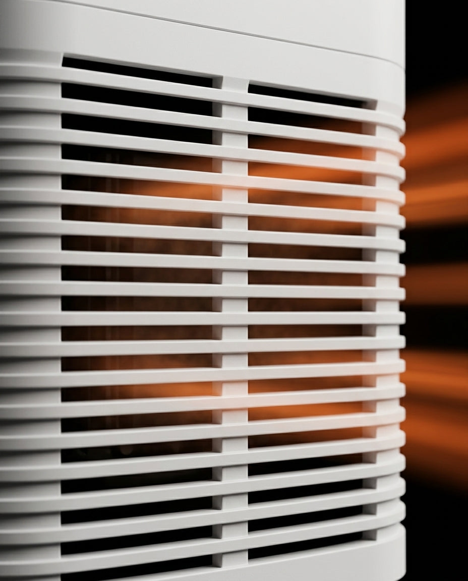 Macro of the white air vent louvers with amber light behind