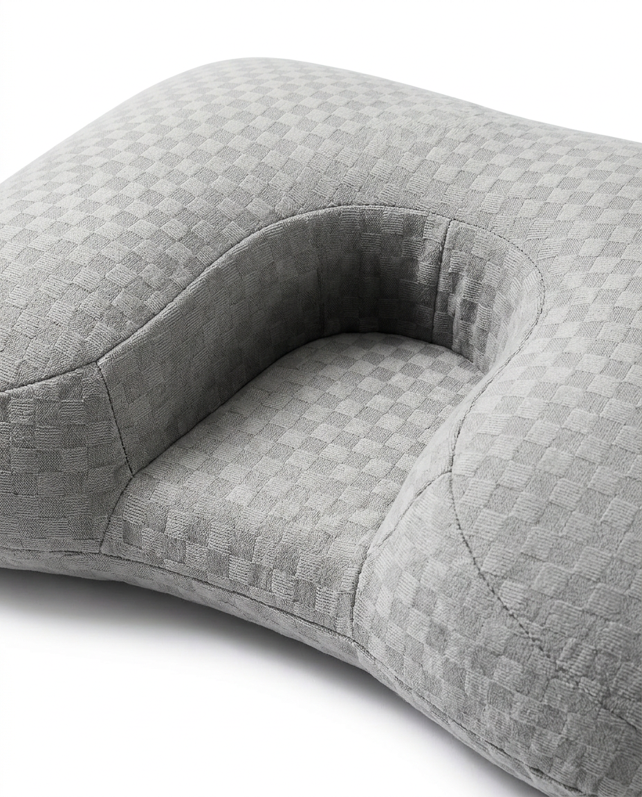 Close-up of the sleep pillow's sculpted arm-cradle and neck-support contour zones