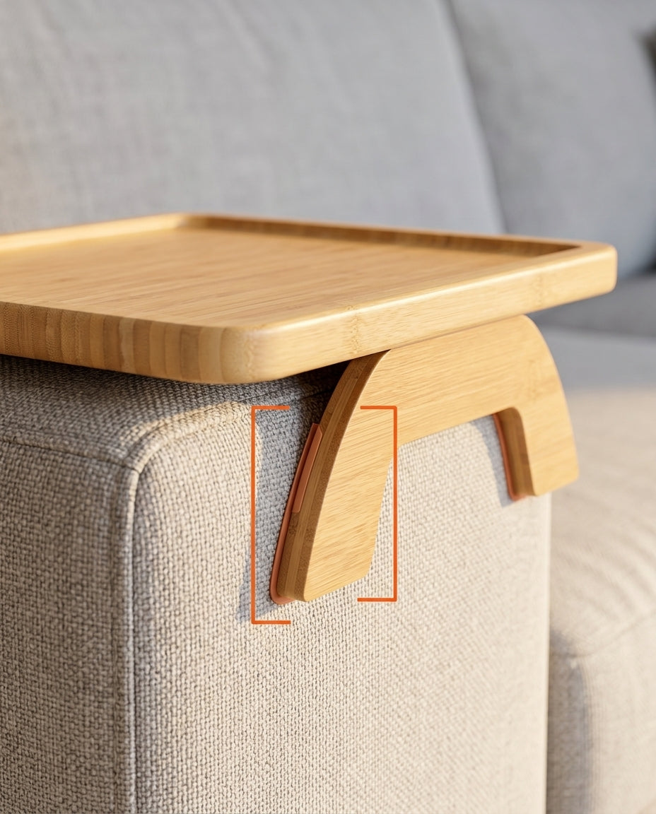 Bamboo tray clamp legs gripping a sofa armrest, detail highlighted