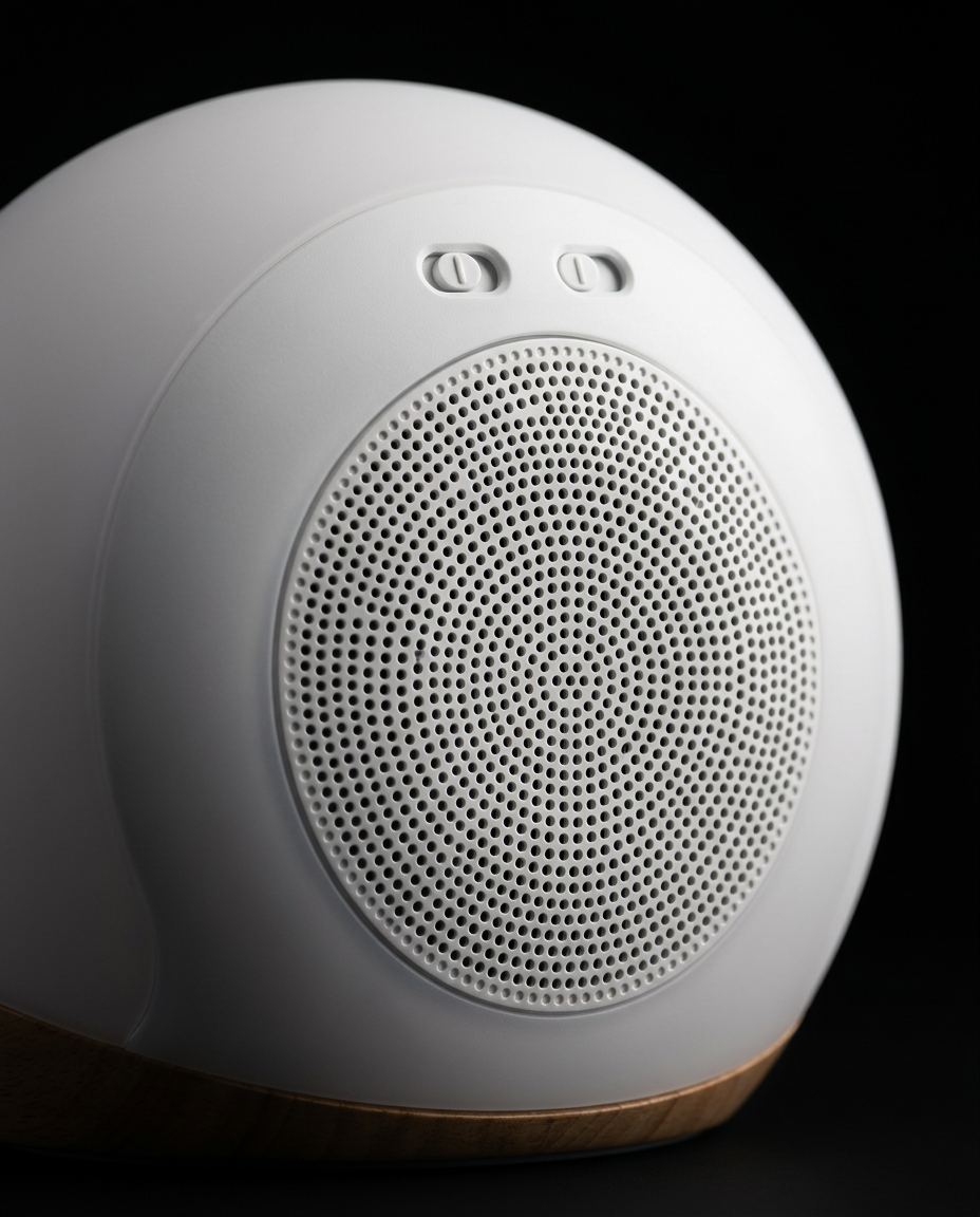 Macro of the rear speaker grille and ports on the white wake-up light