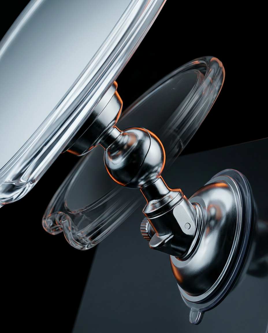 Macro of the shower mirror's adjustable ball-joint swivel behind the suction mount