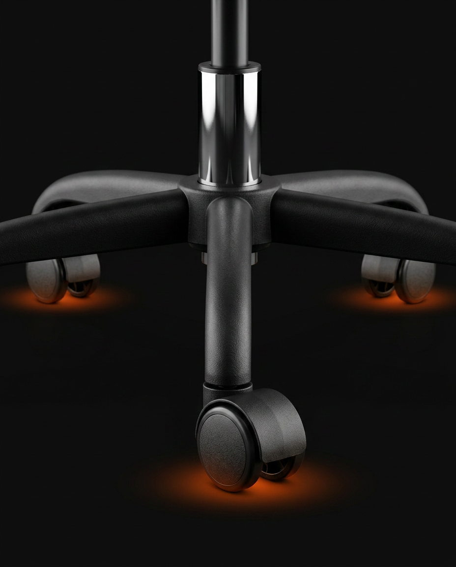 Macro of the office chair's five-star base with rolling casters and gas lift