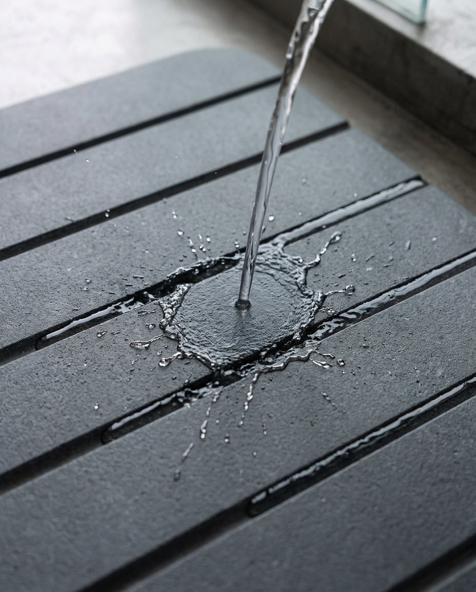 Water poured onto the dark bath mat showing the channel grooves draining