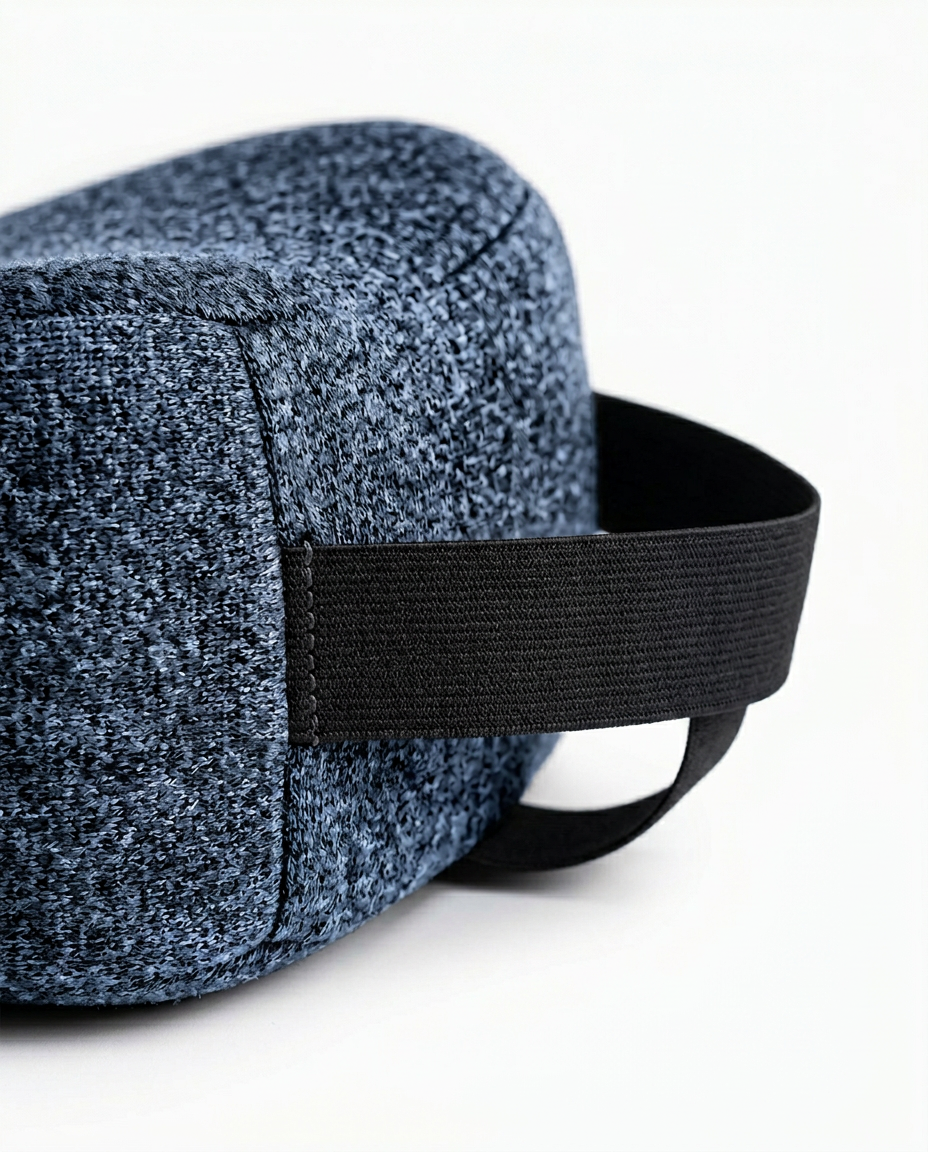 Macro of the adjustable elastic positioning strap on the knee pillow
