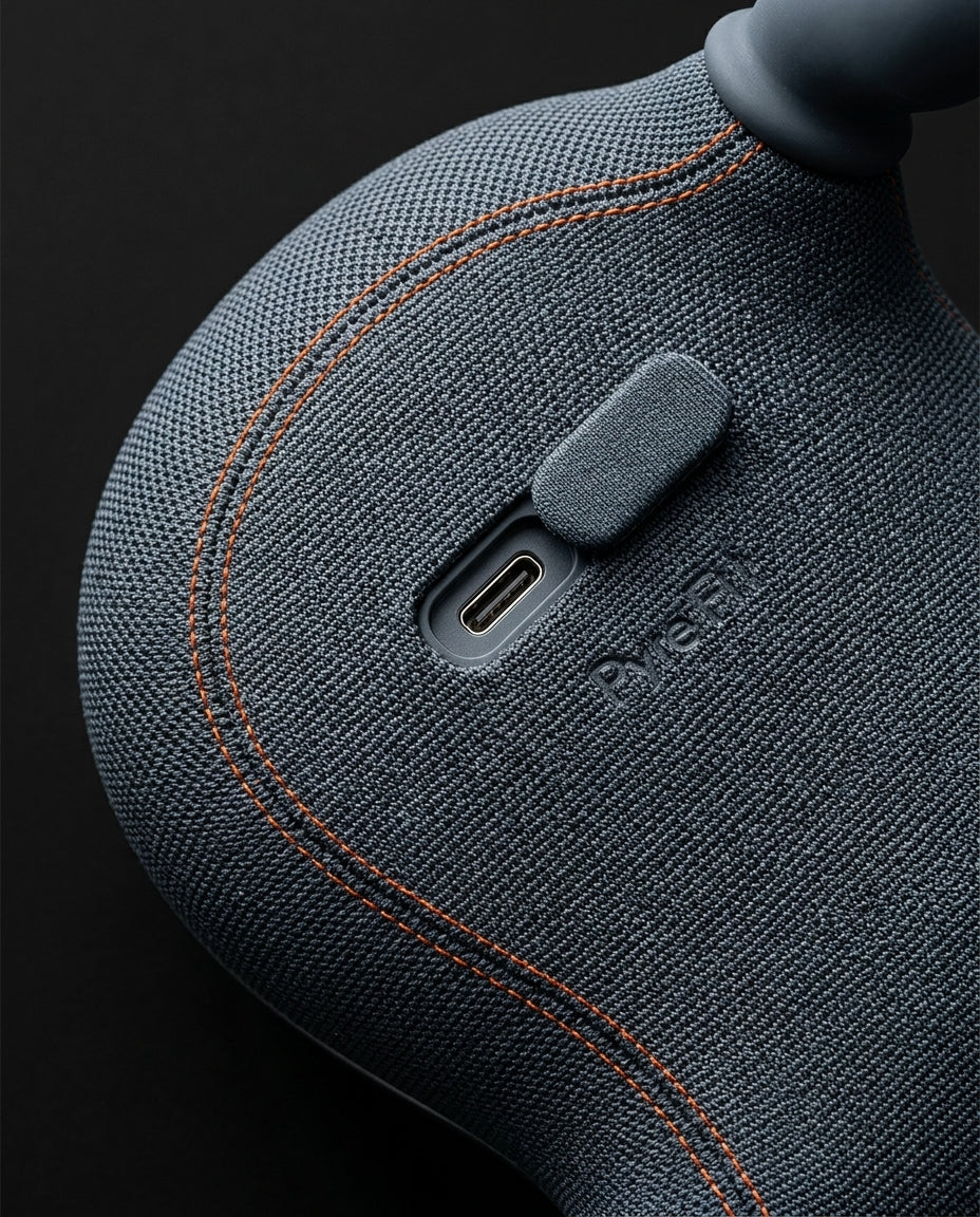 Macro of the woven fabric back with USB-C port and contrast stitching