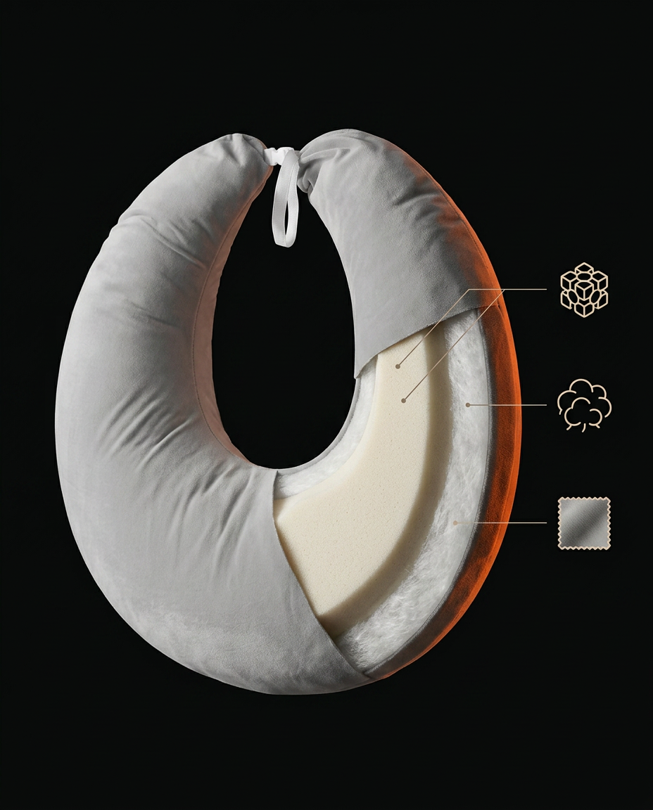 Cutaway of the lap pillow revealing high-resilience memory foam core layers