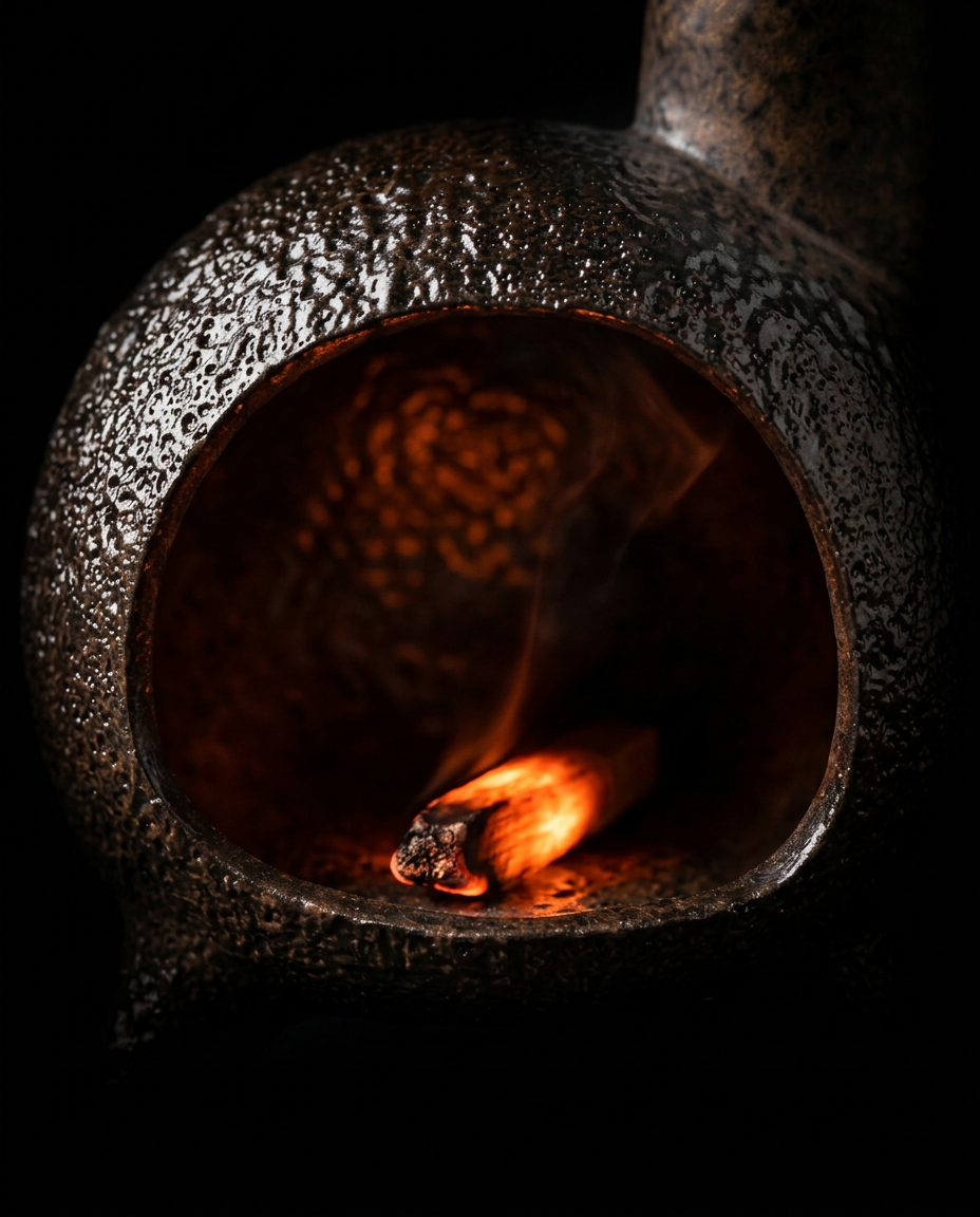 Front chamber of the ritual burner glowing with embers and a small flame