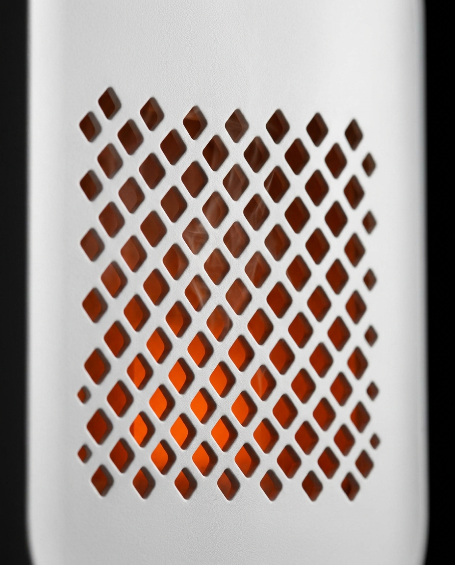 Macro of the diffuser's diamond-pattern grille glowing warm orange