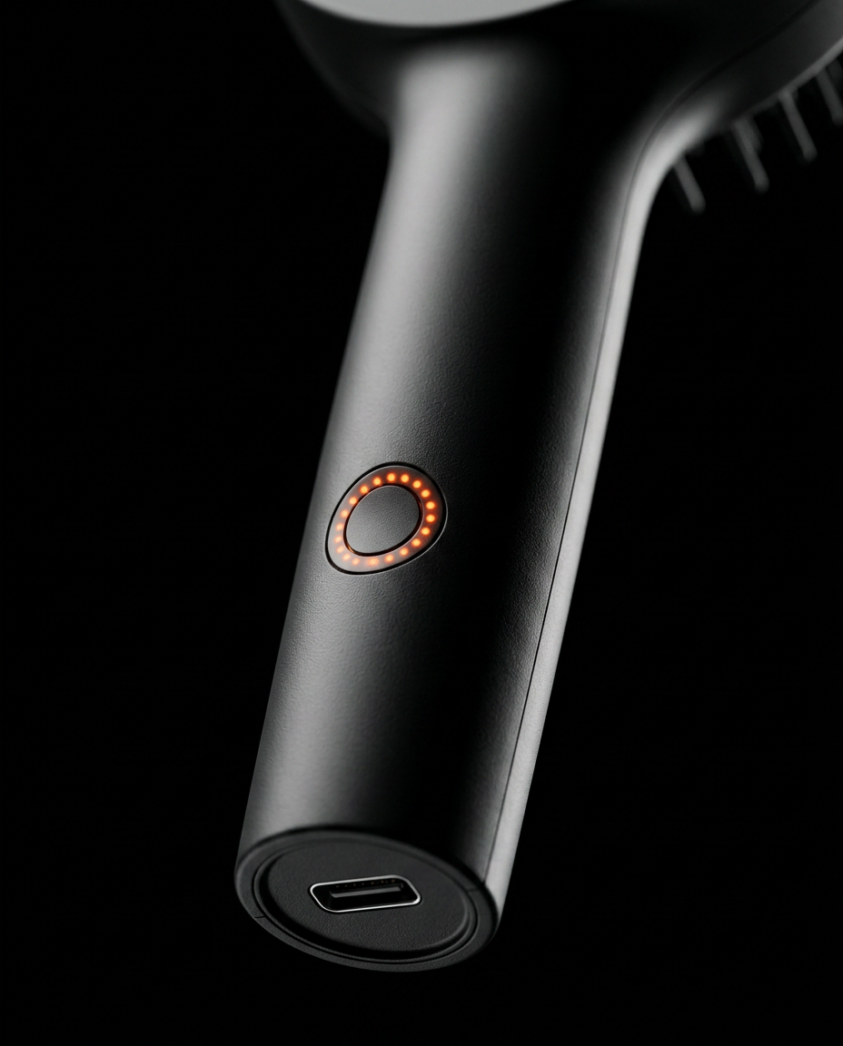 Macro of the illuminated power button and USB-C port on the brush handle