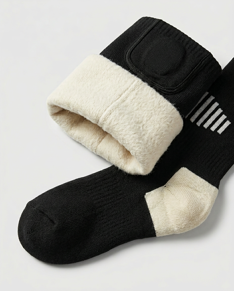 Heated sock cuff folded down to show the cream fleece interior lining