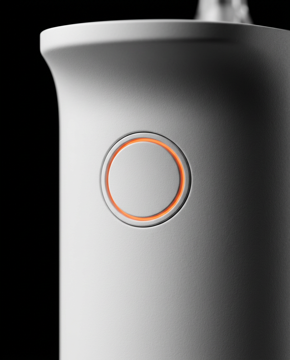 Close-up of the circular mode-control button on the water flosser handle