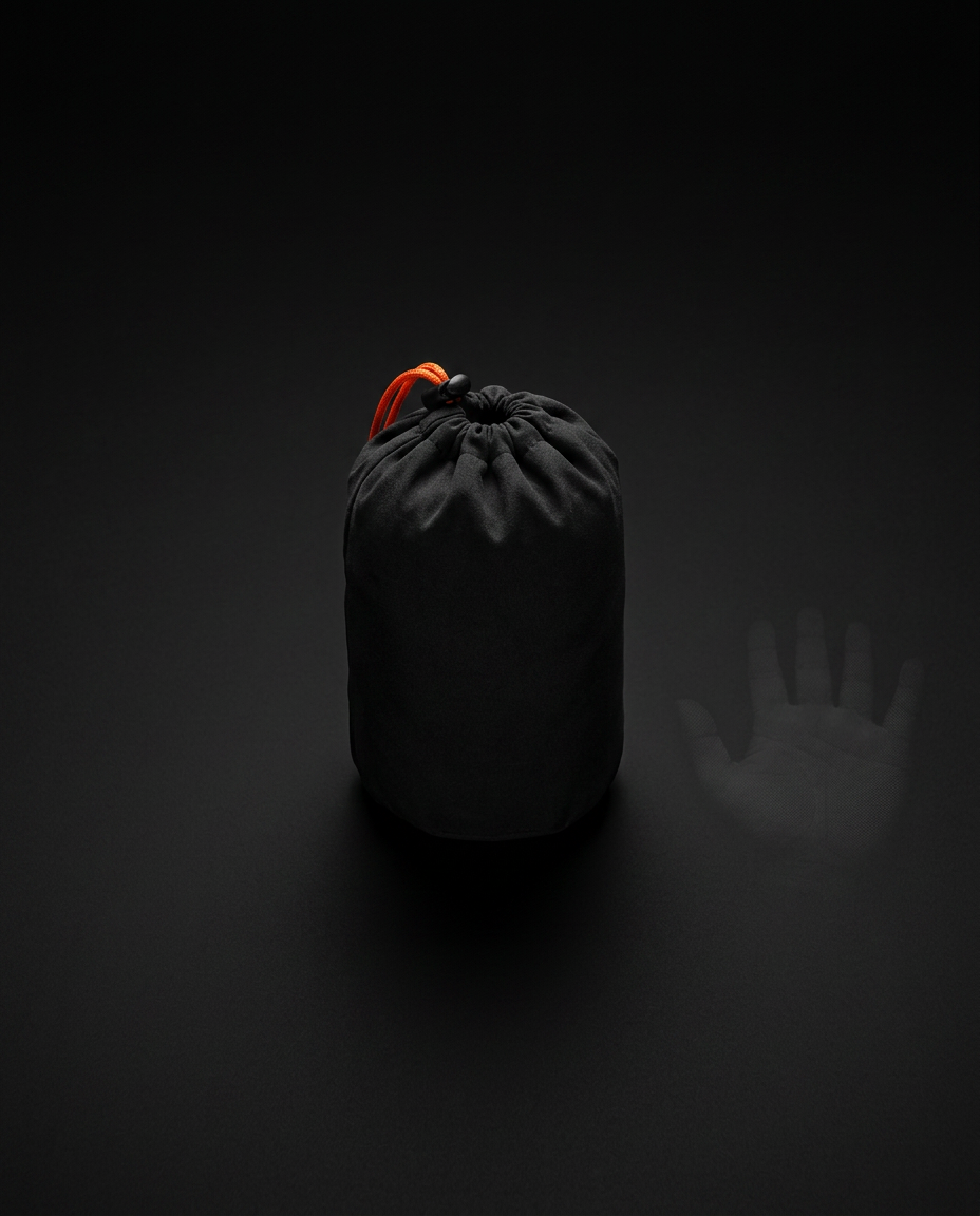 Travel pillow packed into its compact black drawstring stuff bag