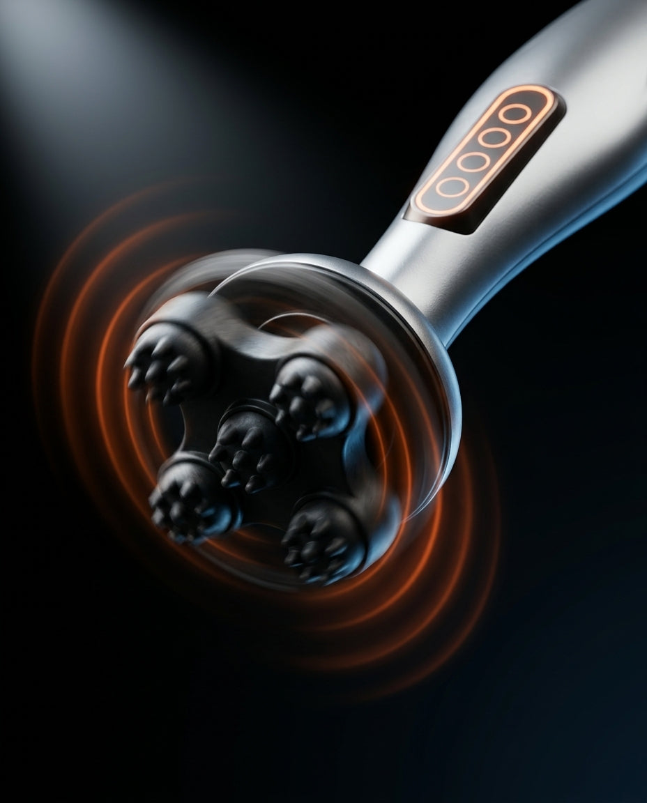 Macro of the percussion massage head in motion with concentric vibration rings