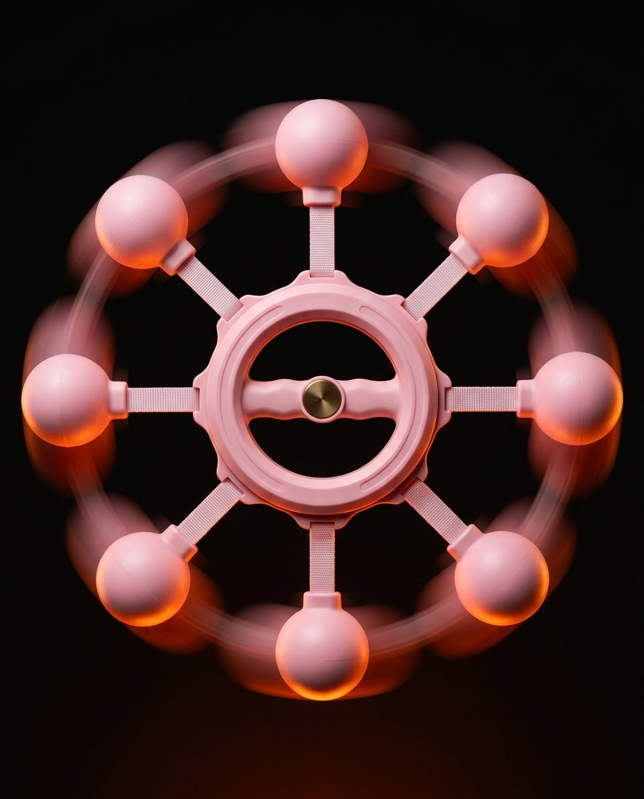 Front view of the spinning pink rotation trainer with glowing motion halo