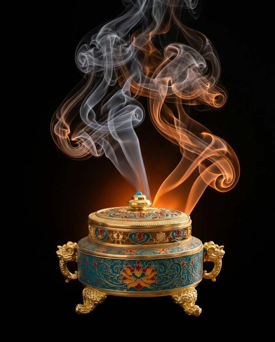 Lotus incense burner with swirling smoke diffusing on a black background
