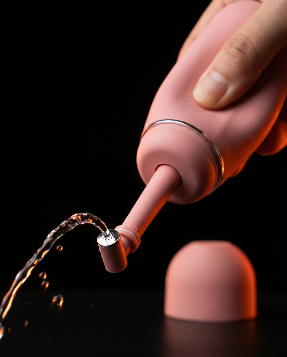 Hand squeezing the pink hygiene bottle to release a stream of water