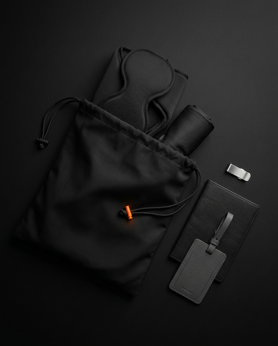Travel rest set packed beside its black drawstring storage pouch and tag