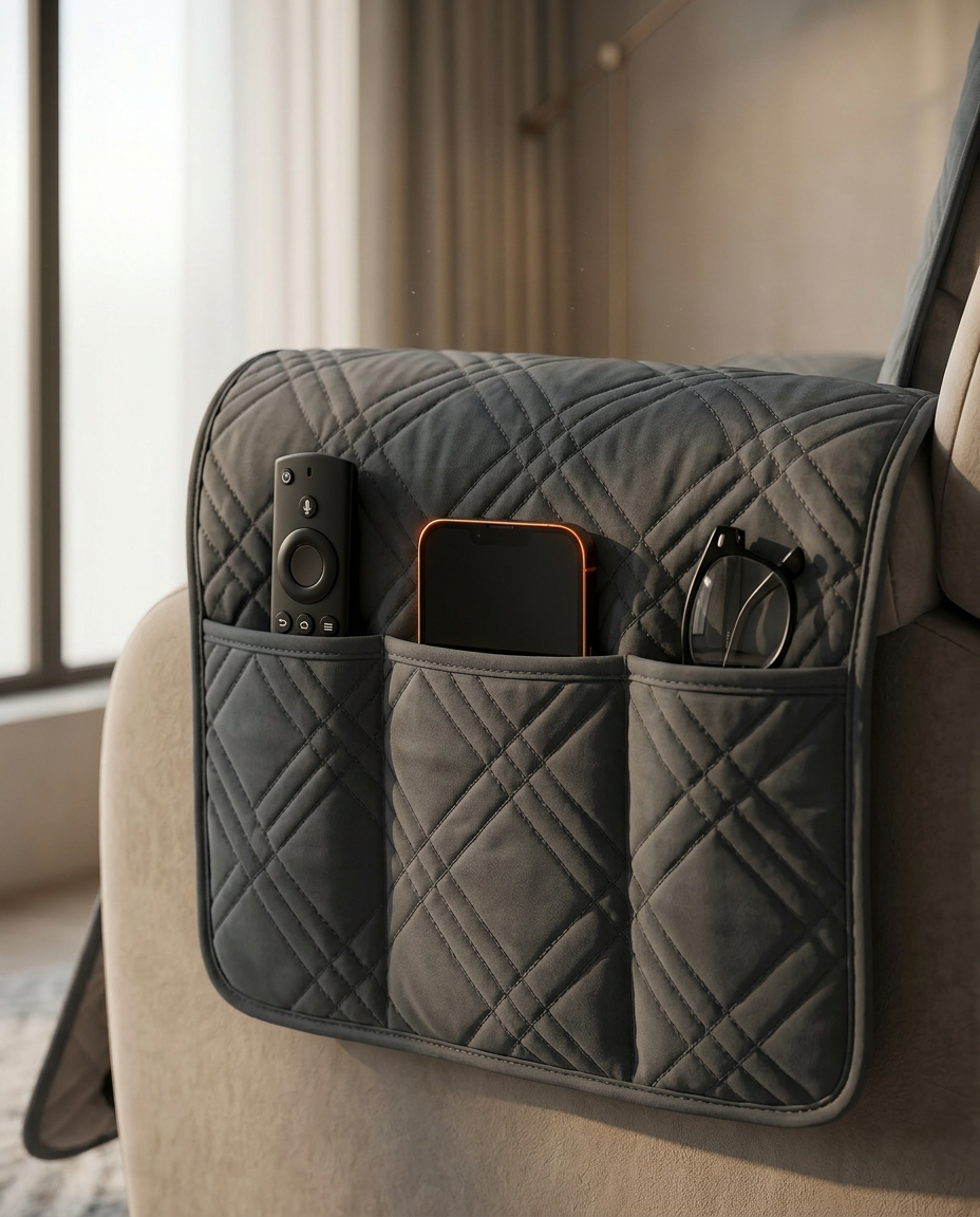 Side storage pockets on the recliner cover holding remote, phone and glasses