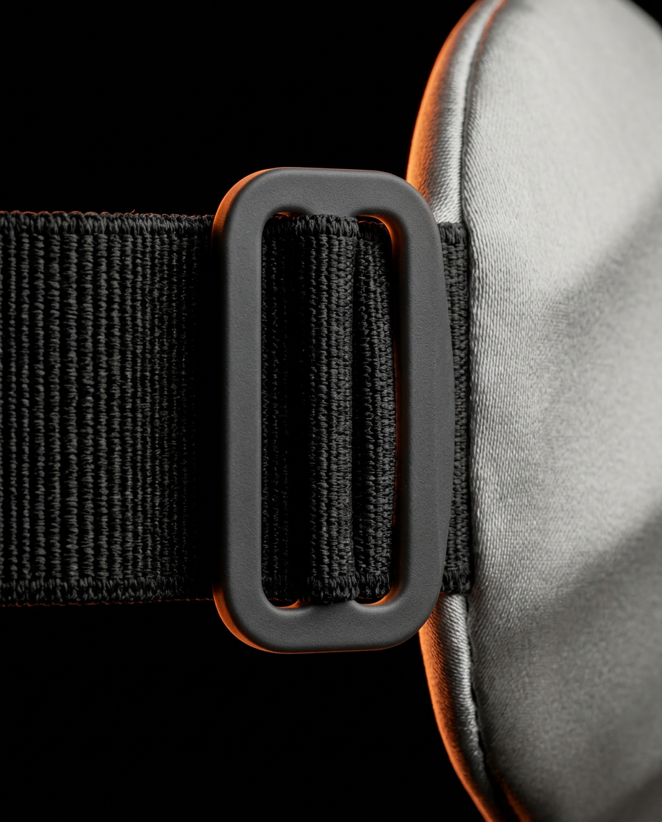 Detail of the adjustable buckle on the eye mask's elastic strap