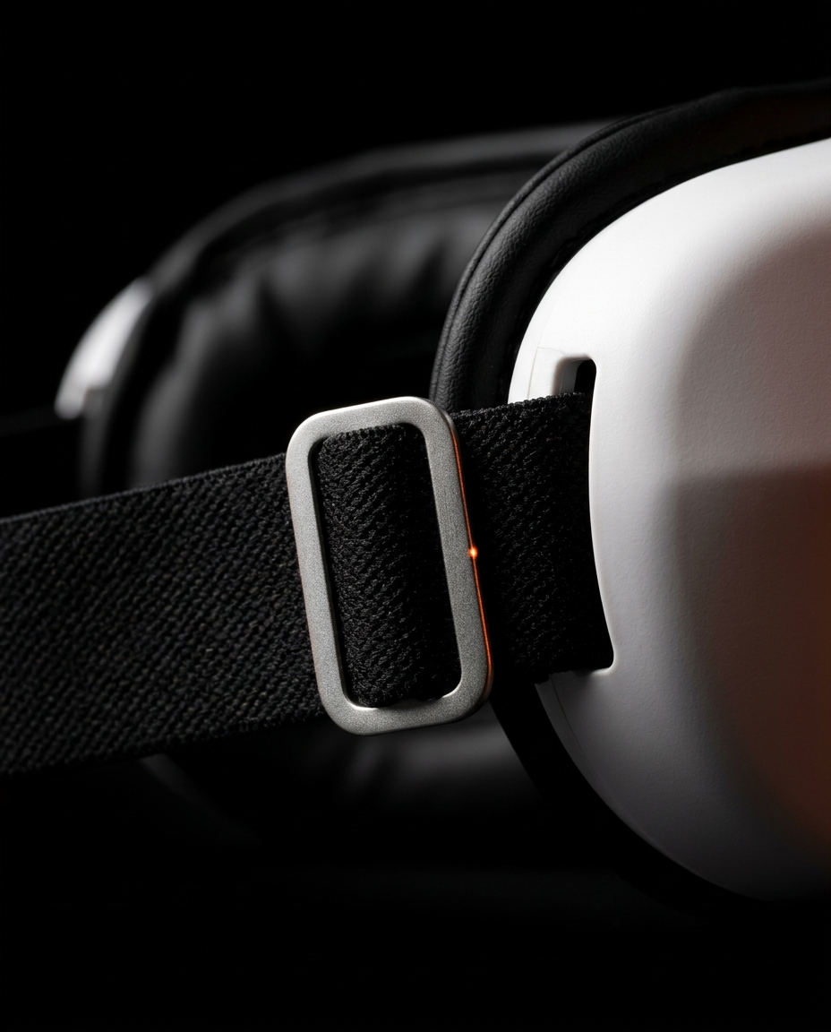 Macro of the adjustable elastic strap and buckle on the eye massager