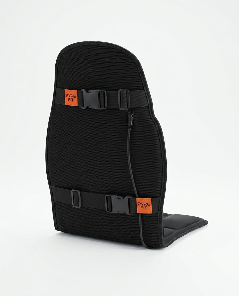 Rear view of the massage cushion's buckle strap mounting system