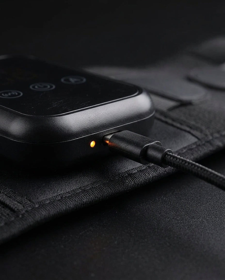 Close-up of the waist massager controller charging via USB-C cable