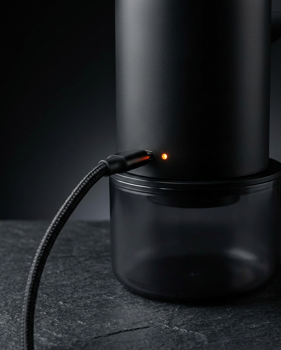 Soap dispenser charging via magnetic USB-C cable with orange charge light