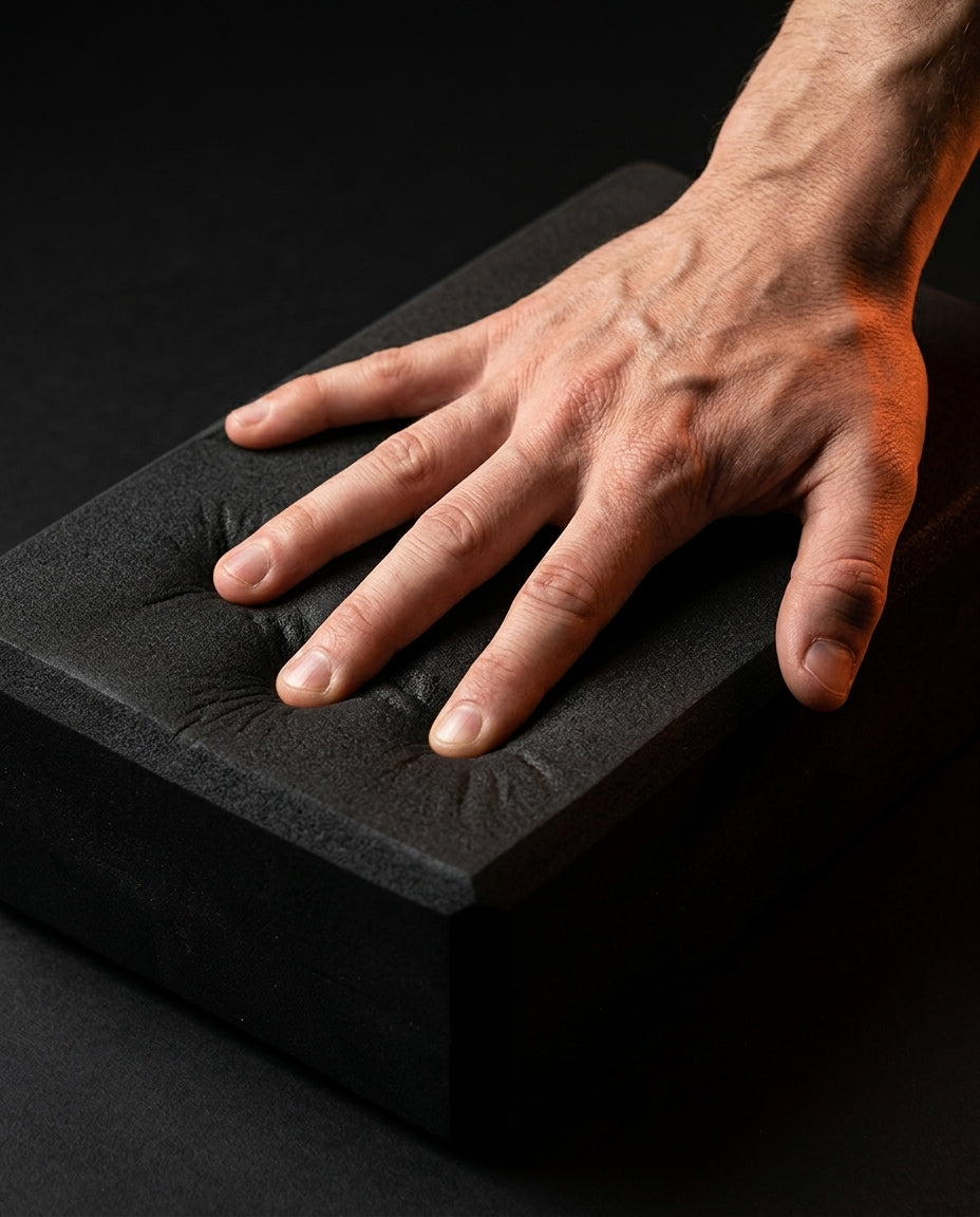 Hand pressing a black foam yoga block, showing firm non-slip grip