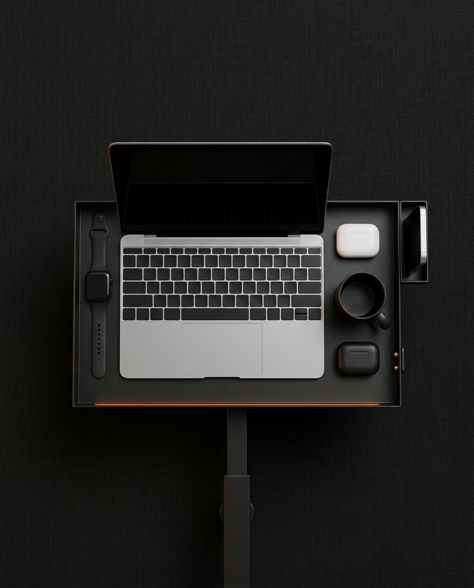 Overhead view of the bedside tray organizing a laptop, earbuds, glasses and watch