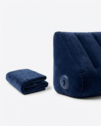 Travel wedge pillow shown folded flat beside its fully inflated form