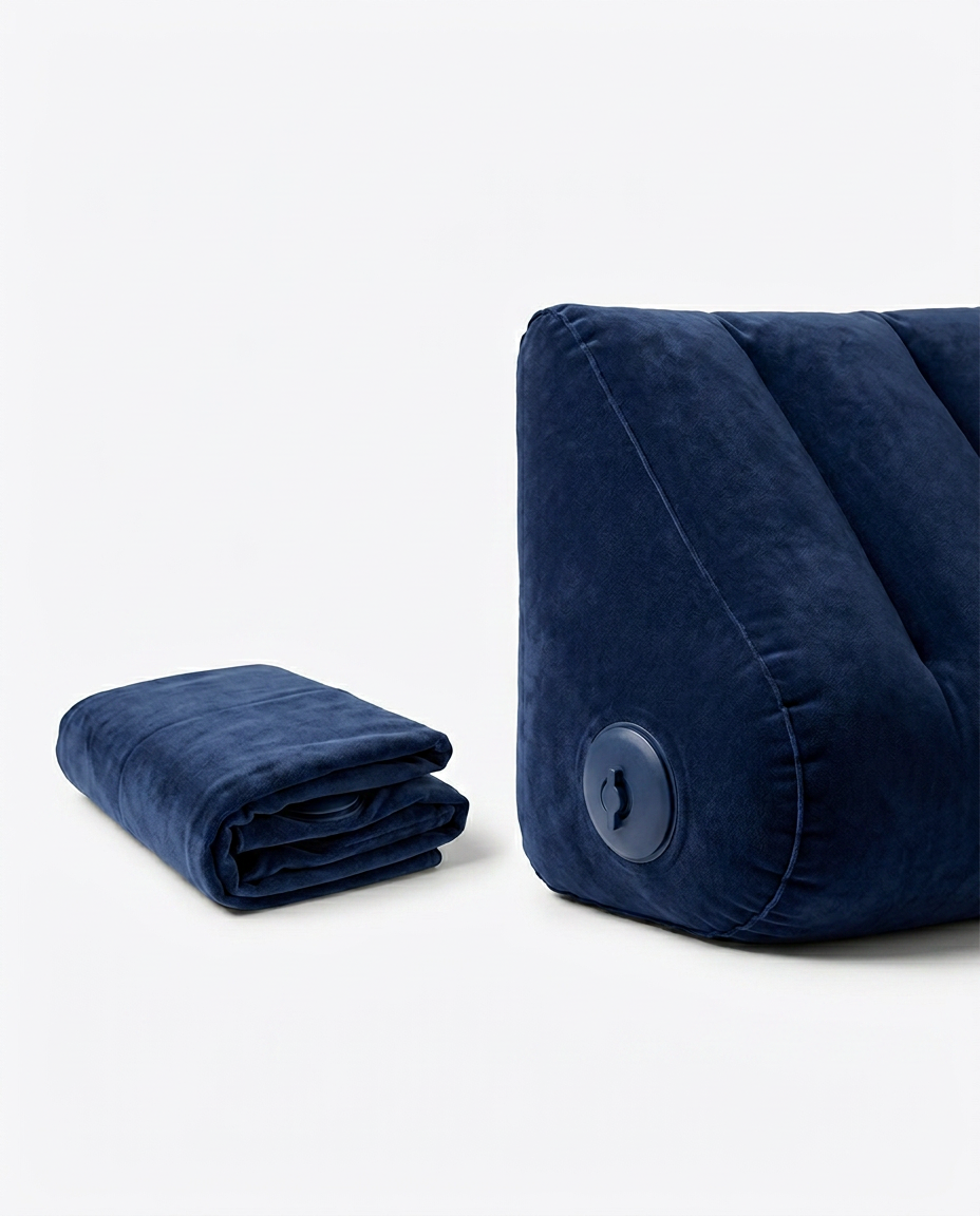 Travel wedge pillow shown folded flat beside its fully inflated form
