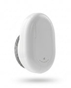 Side view of the handheld white electric shower scrubber showing its grip body
