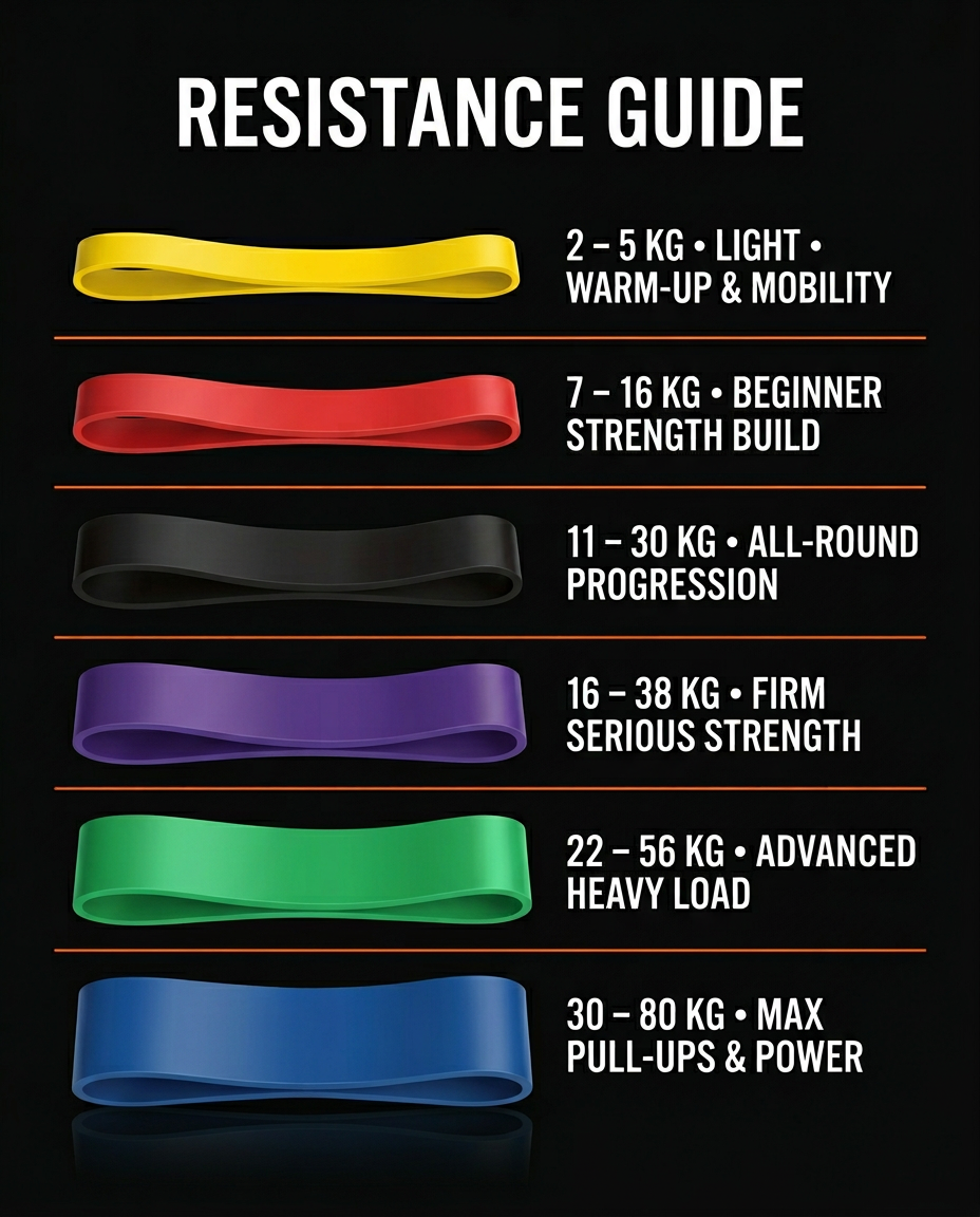 Resistance guide chart matching each band color to its weight range