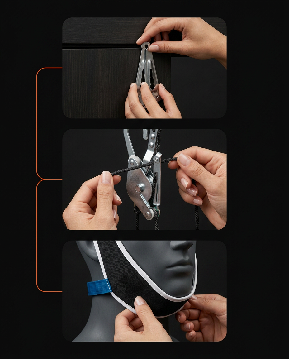 Setup steps showing how to mount the bracket and fit the neck traction halter