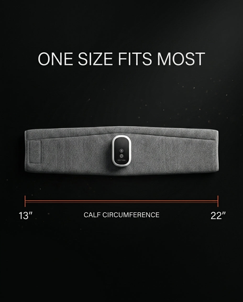 Sizing infographic showing one size fits a 13 to 22 inch calf circumference