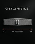 Sizing infographic showing one size fits a 13 to 22 inch calf circumference