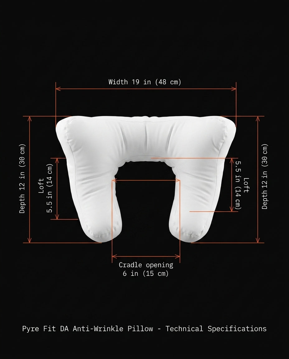 Dimension diagram of the support pillow with width, loft and cradle measurements