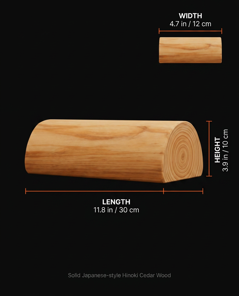 Dimensions diagram of the wooden neck pillow in inches and centimeters